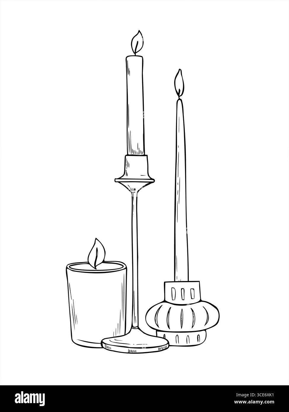 Composizione vettoriale monocromatica di candele accese in varie forme dipinte a mano da inchiostri neri. Candela sul portacandele illustrazione per tessera, religiosa Illustrazione Vettoriale