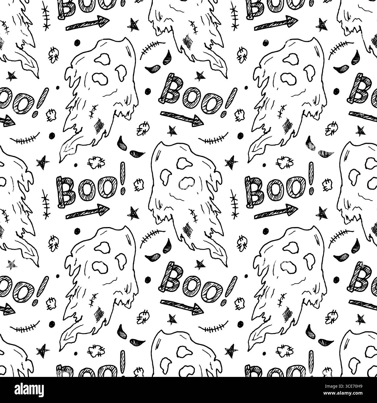 Perfetto motivo di Halloween con fantasmi e messaggi boo. Modello vettoriale con disegni a doodle, delinea illustrazioni monocromatiche. Design pronto all'uso per confezioni, tessuti, striscioni e copertine per le feste. Illustrazione Vettoriale