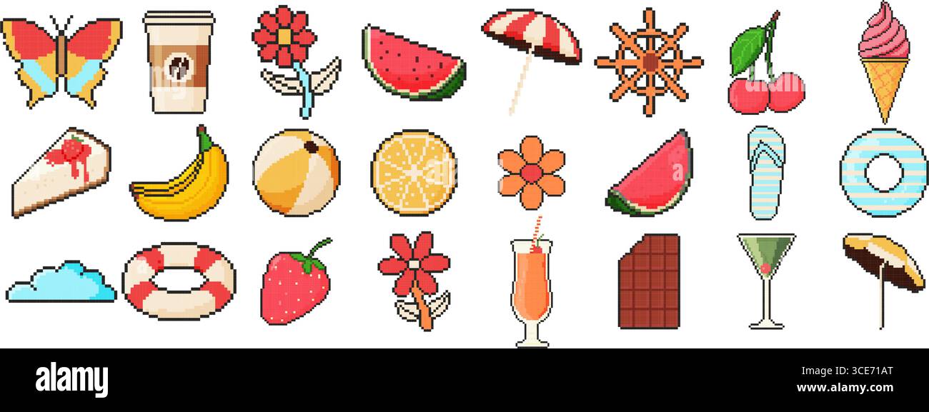 set di icone estive a 8 bit. Oggetto pixel art. Stile grafico del computer della vecchia scuola. Farfalla, caffè, fiore, anguria, ombrello, ciliegia, gelato Illustrazione Vettoriale