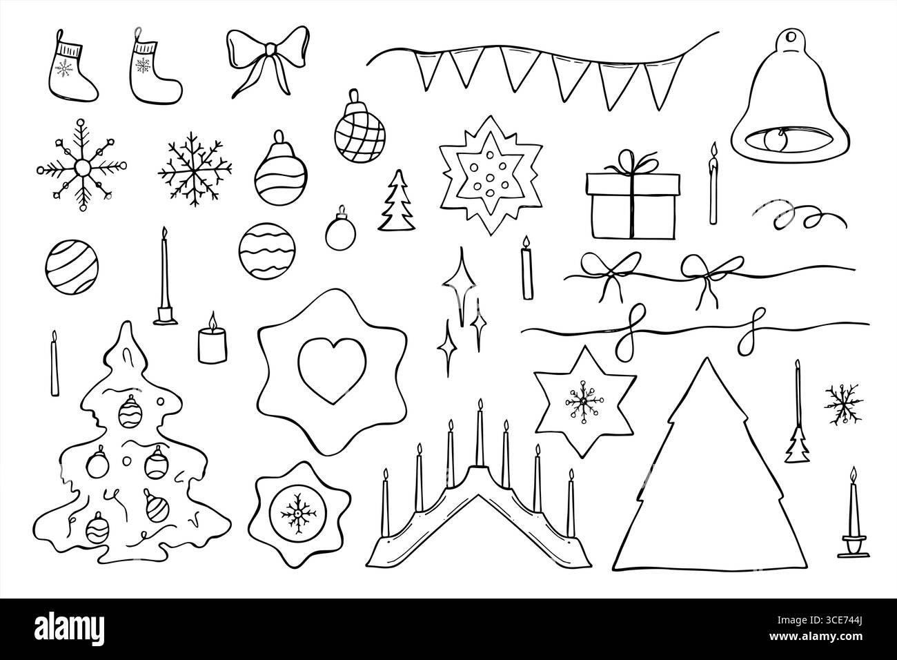 Set di doodle vettoriali monocromatici di elementi natalizi dipinti da inchiostri neri. Baule, stelle, calze, albero di legno, ghirlanda, regali per Natale scandinavo Illustrazione Vettoriale