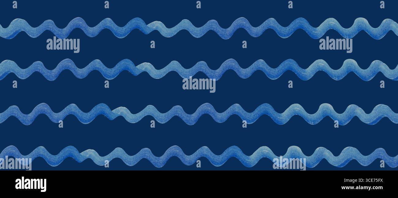 Linee ondulate di acquerello blu disposte in righe orizzontali su sfondo blu scuro. Elementi ondulati dipinti a mano, perfetti per il design a tema marino Foto Stock