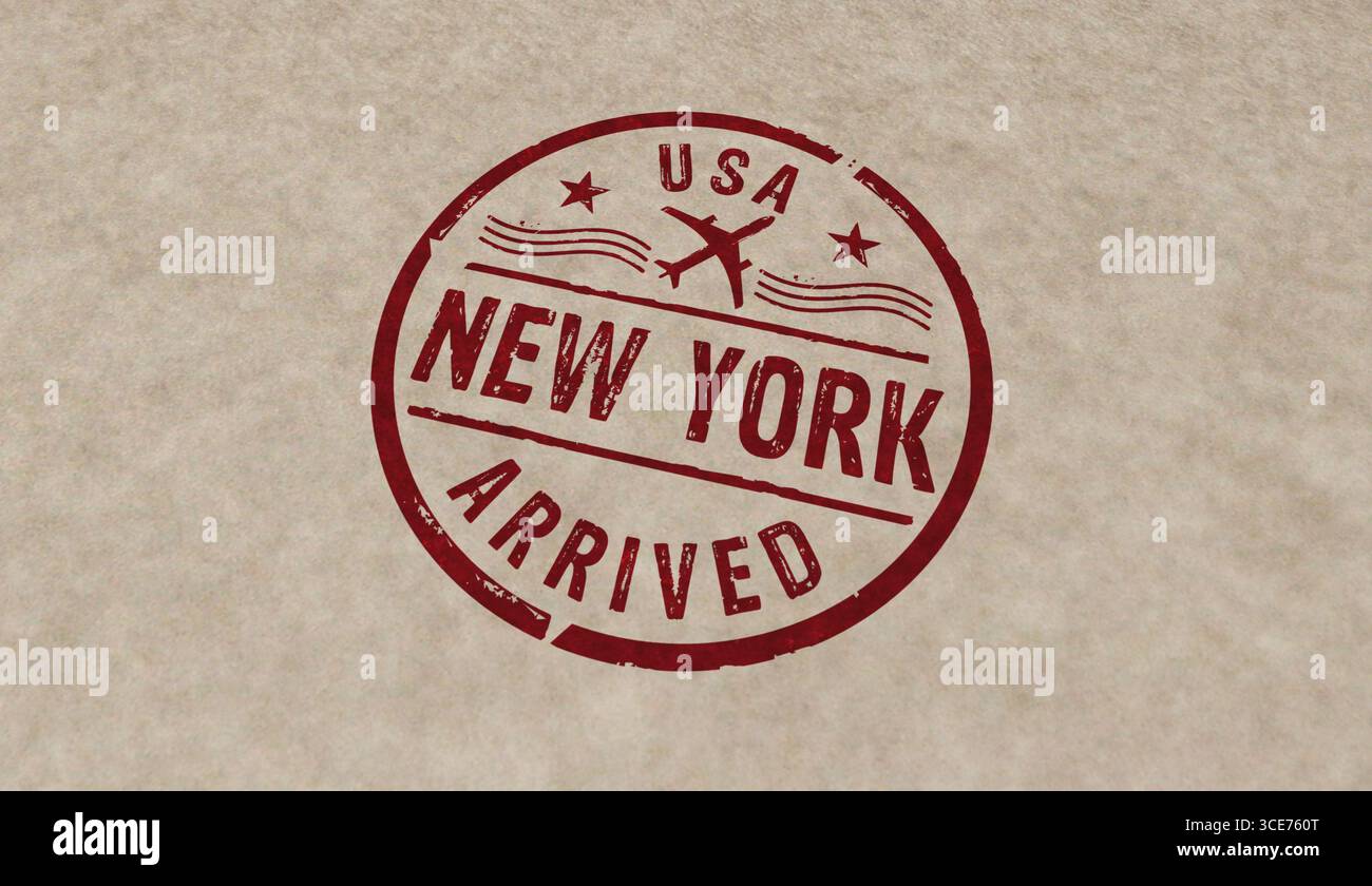 New York USA è arrivata con le icone dei francobolli in poche versioni a colori. Illustrazione di rendering 3D del concetto di arrivo del volo a New York. Foto Stock