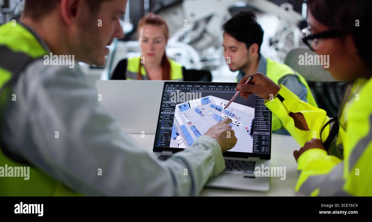 Team diversificato di giovani progettisti che ottimizzano lo stabilimento di produzione di auto elettriche. Foto Stock