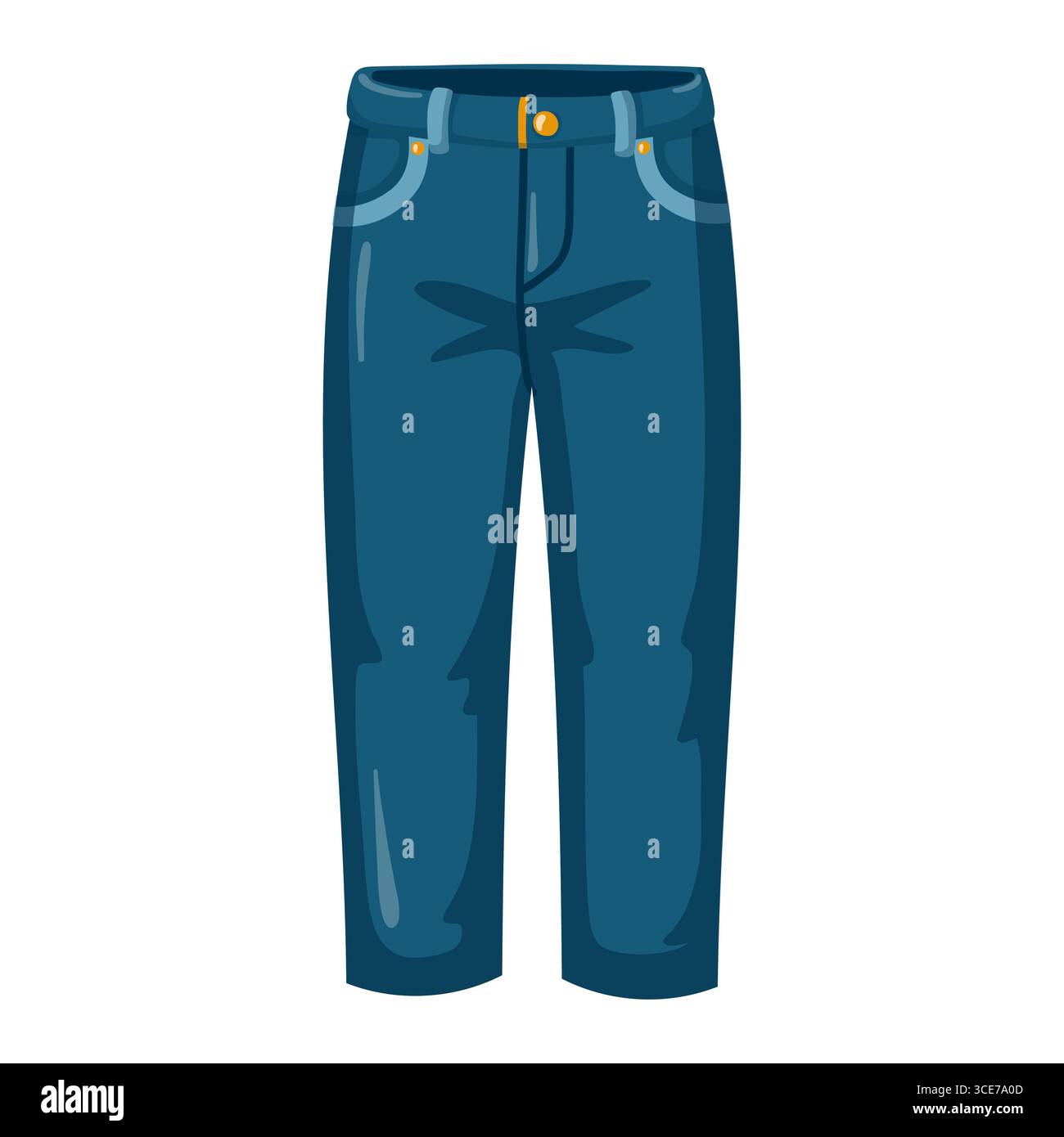 Jeans blu denim. Outfit autunnale. Abbigliamento casual unisex. Illustrazione isolata del vettore cartoni animati su sfondo bianco. Illustrazione Vettoriale