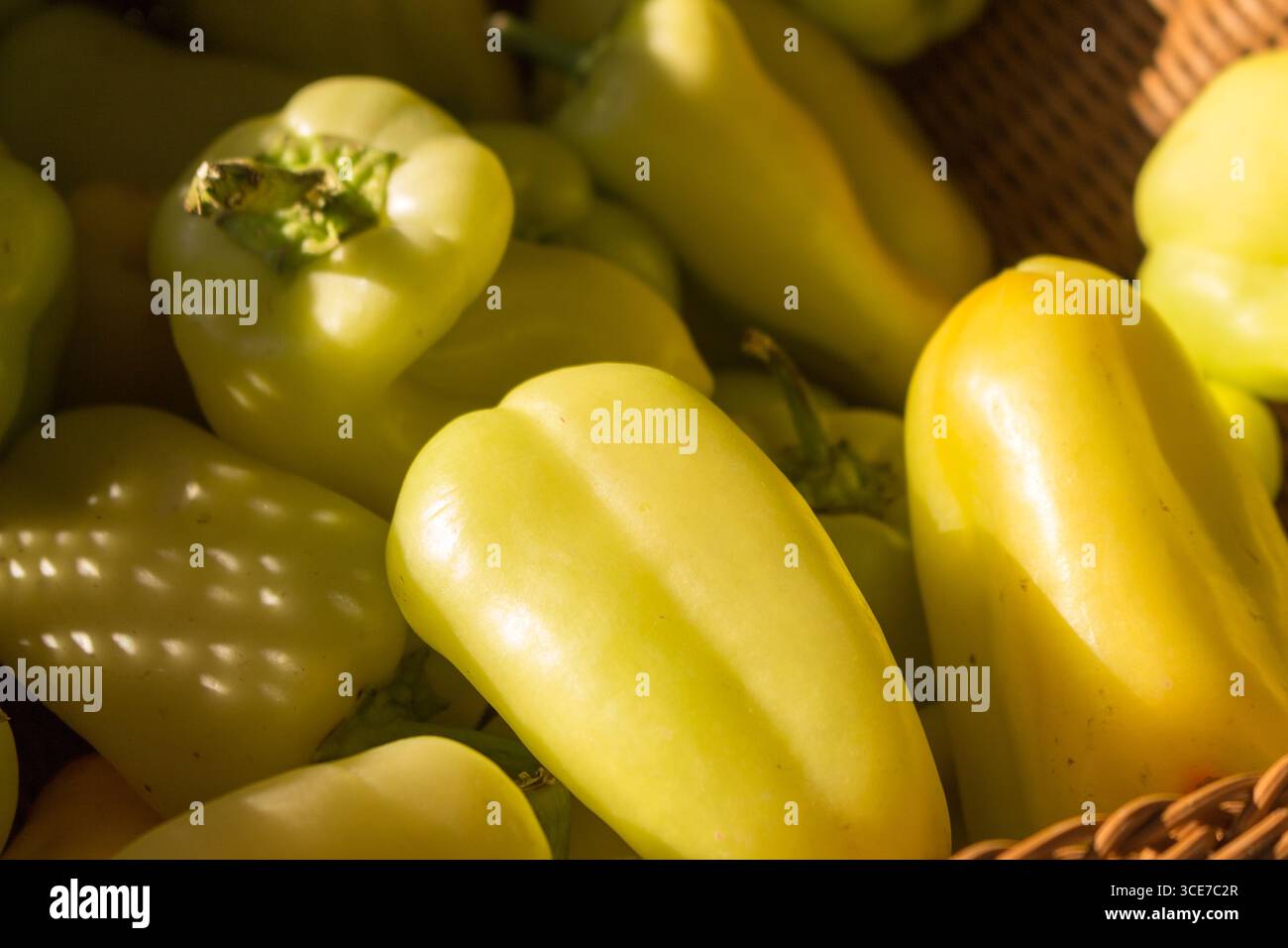 peperoni gialli dolci. Un mucchio di verdure sane colorate sullo sfondo. Foto Stock