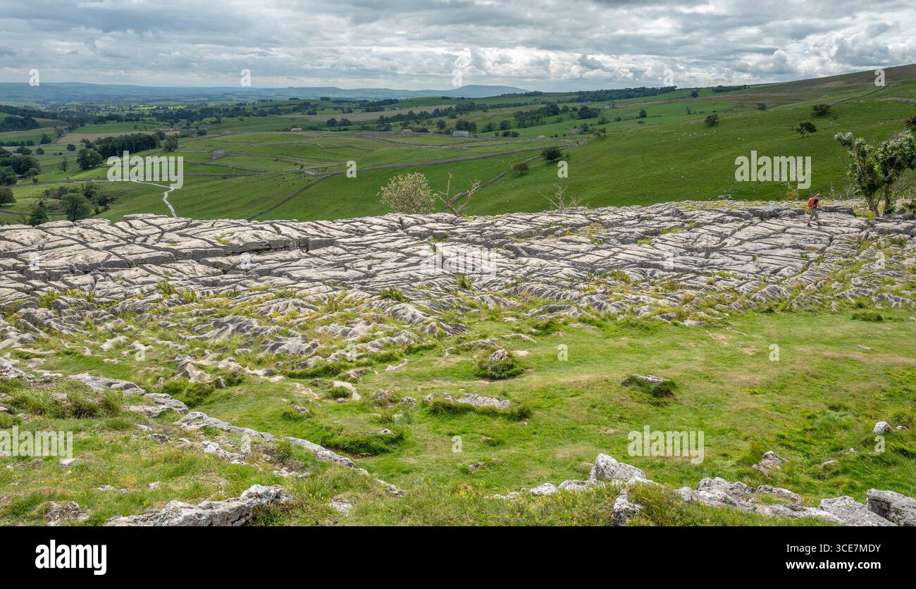 Sulla cima di Malhan Cove, l'acida cascata alta 70 metri a Malham, e una popolare attrazione turistica nel North Yorkshire Foto Stock