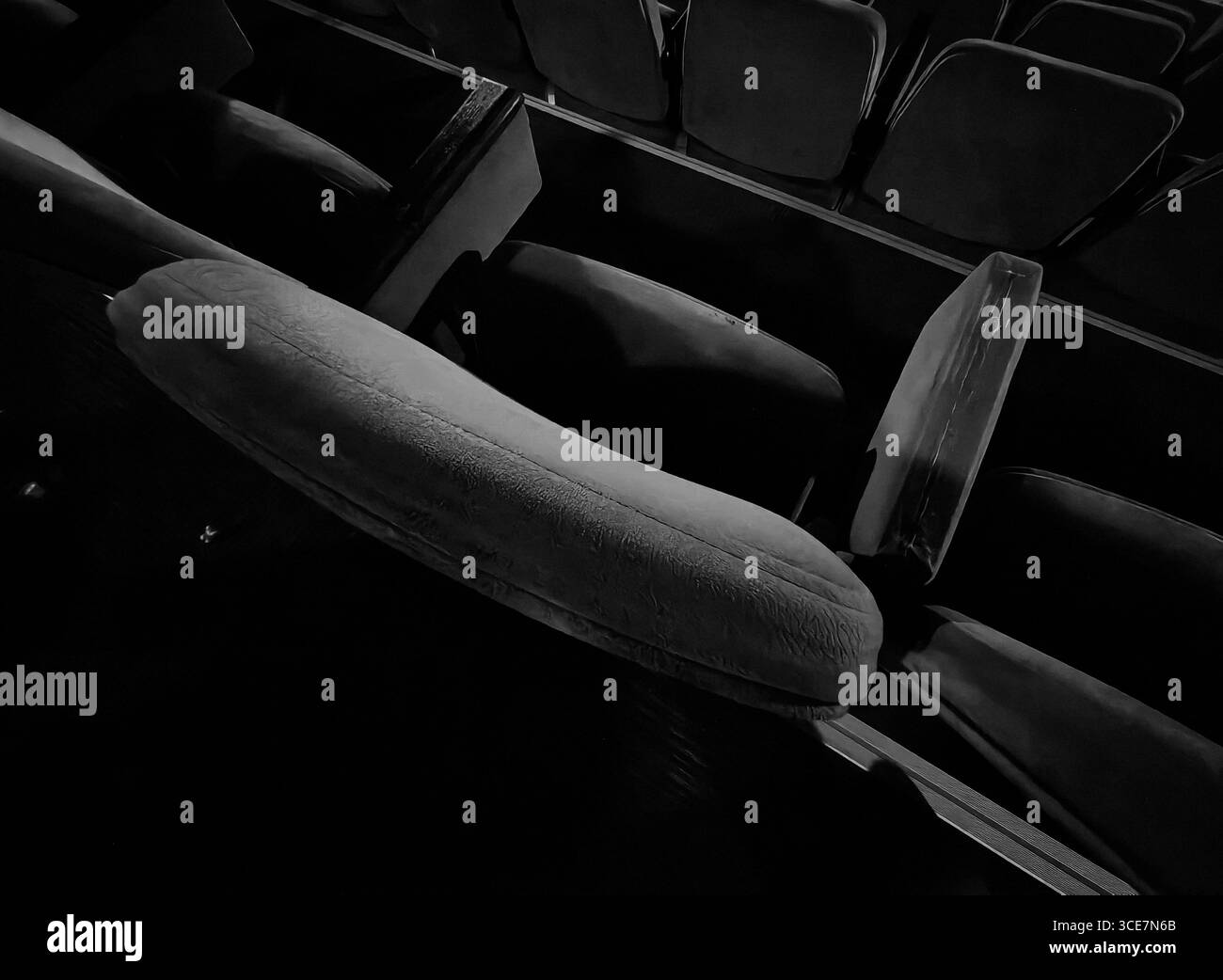 Pubblico silenzioso. Posti a sedere vuoti al cinema. Tonalità monocromatiche. Foto Stock