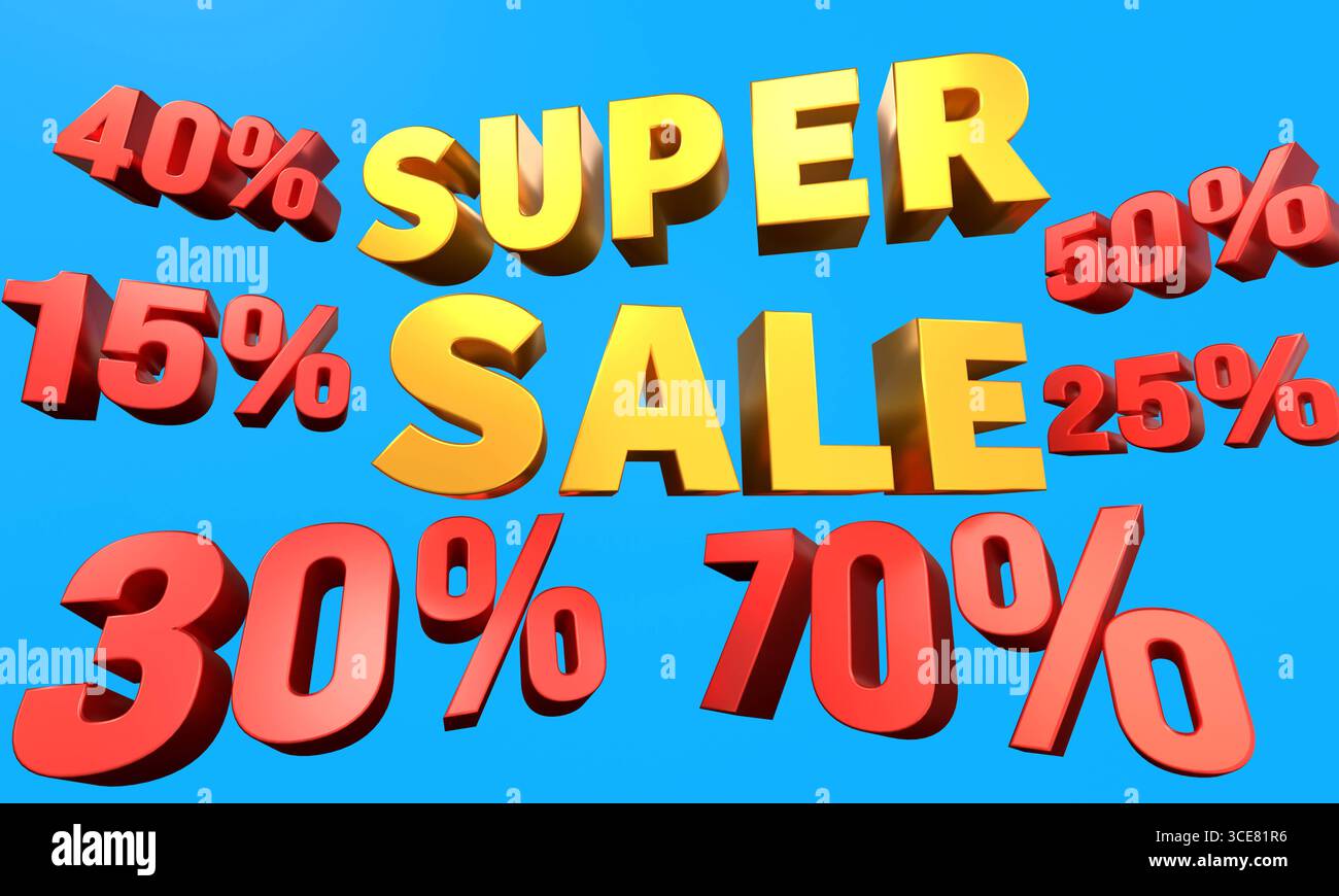 Super saldi, insegna banner. Super saldi, insegna banner. Cartelli percentuali rossi, sconti, acquisti, marketing, attività di vendita al dettaglio. Illustrazione 3D img POP up007 super sale Foto Stock
