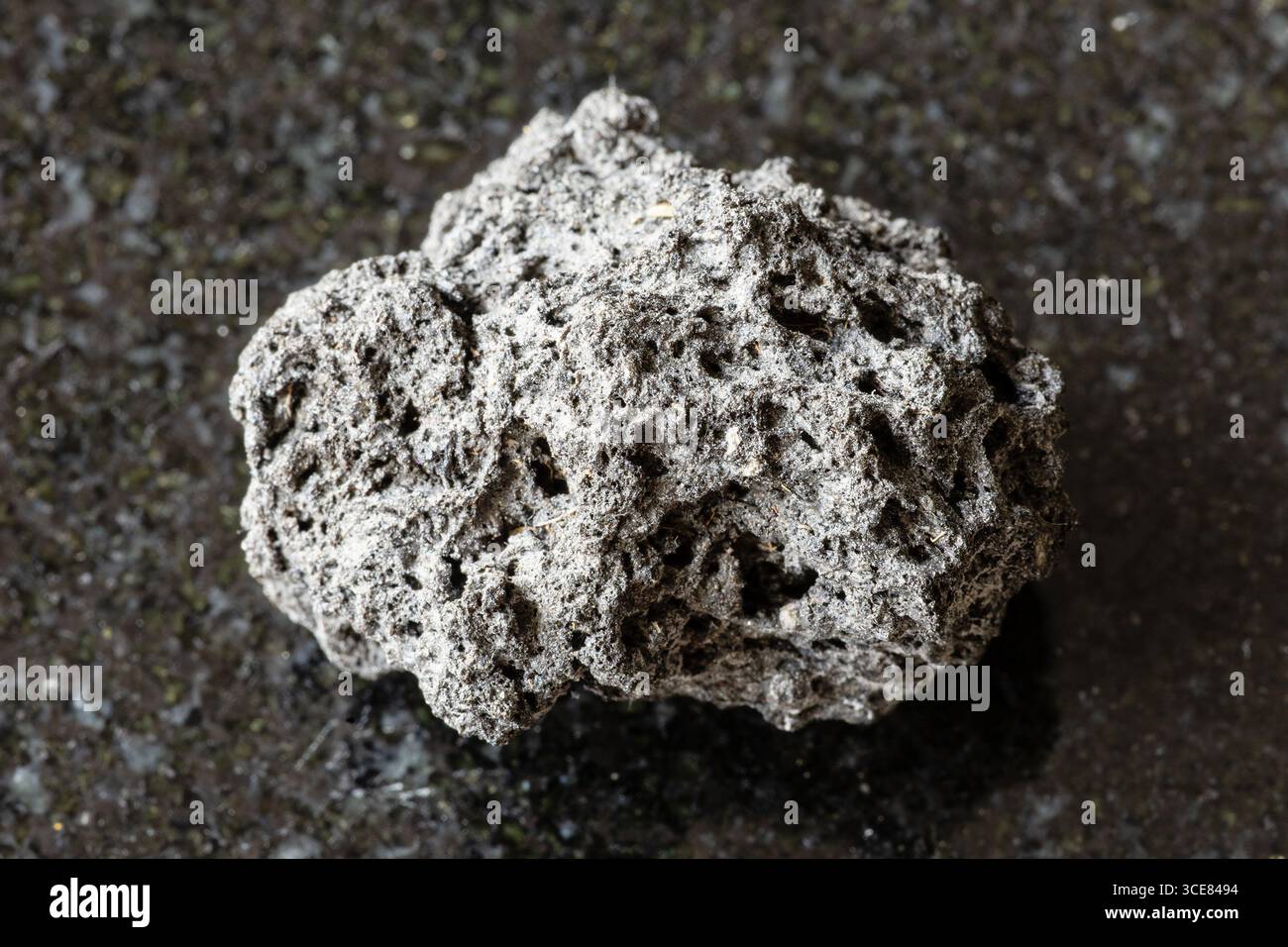 Assaggio di ruvida roccia pomice su fondo di granito nero da vicino dalla Sicilia Foto Stock