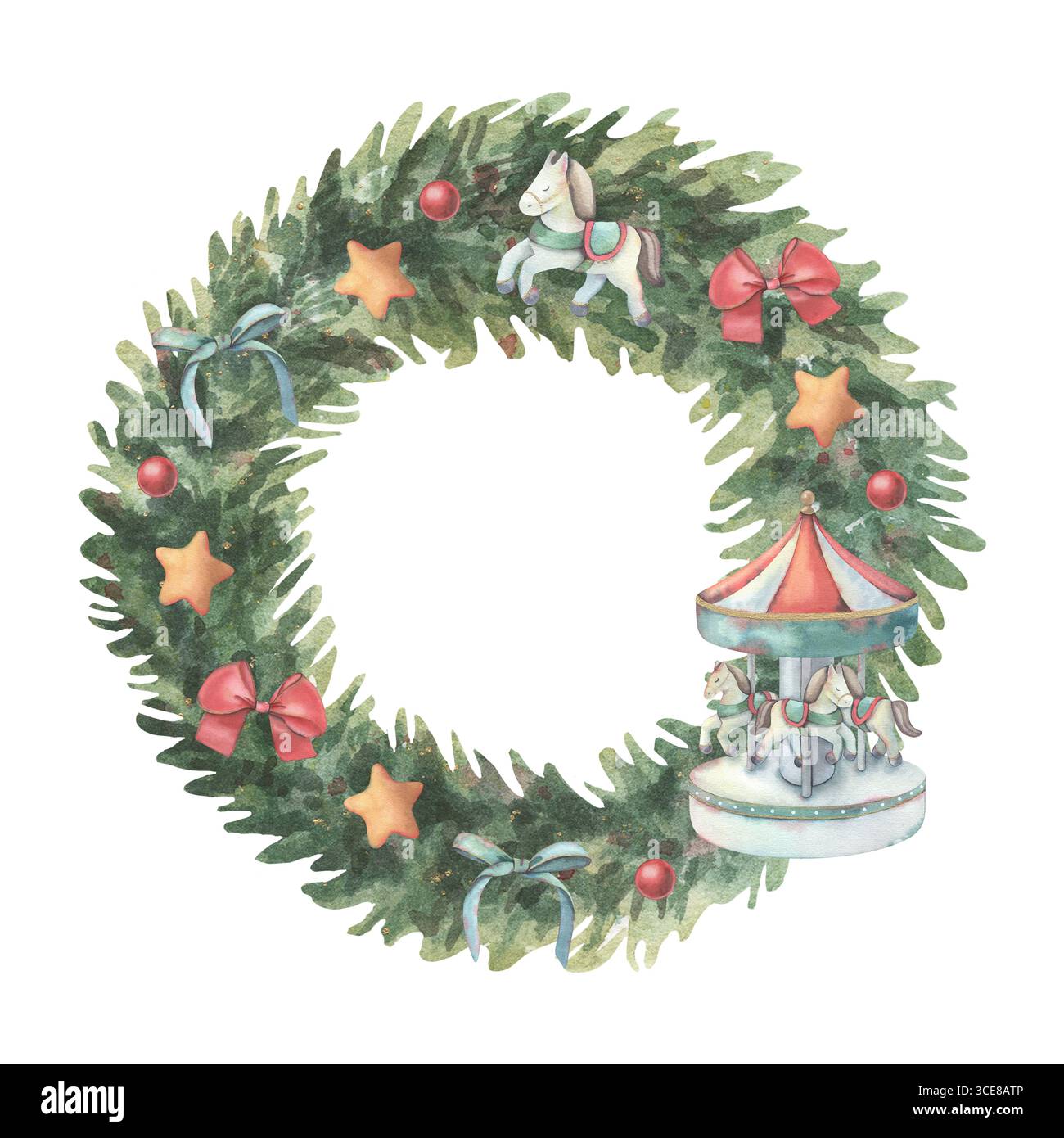 Corona di abete decorata con fiocchi, stelle, palle, giocattoli per cavalli. Illustrazione ad acquerello dipinta a mano di decorazioni invernali isolate su sfondo bianco Foto Stock