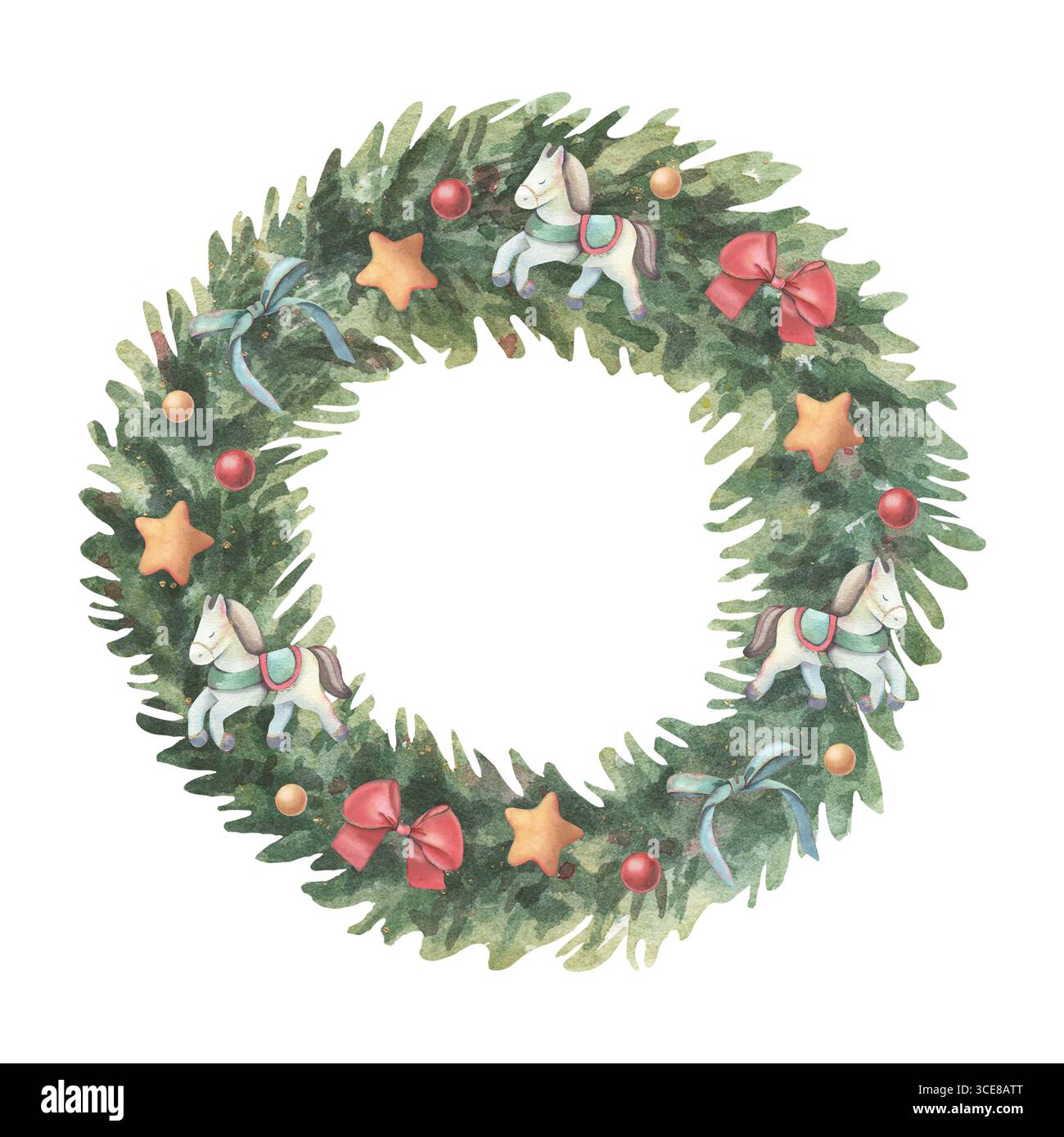 Corona di abete decorata con fiocchi, stelle, palle, giocattoli per cavalli. Illustrazione ad acquerello dipinta a mano di decorazioni invernali isolate su sfondo bianco Foto Stock