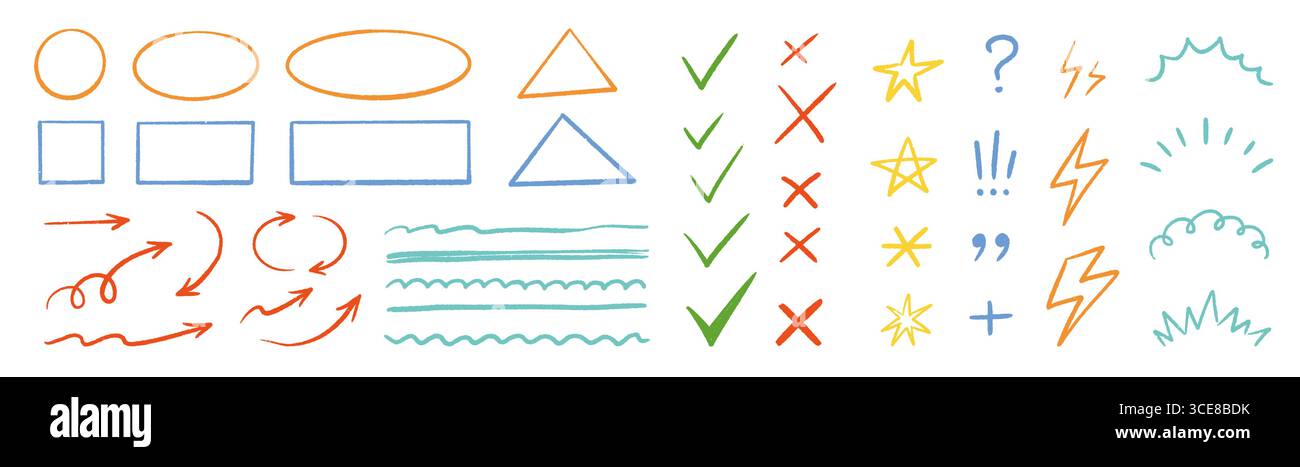 Raccolta freccia con segno di spunta gesso. Simboli in stile lavagna, virgolette a matita, caselle di controllo e sottolineatura pastello disegnato a mano. Evidenziazione trama gesso matita, freccia. Illustrazione vettoriale Illustrazione Vettoriale