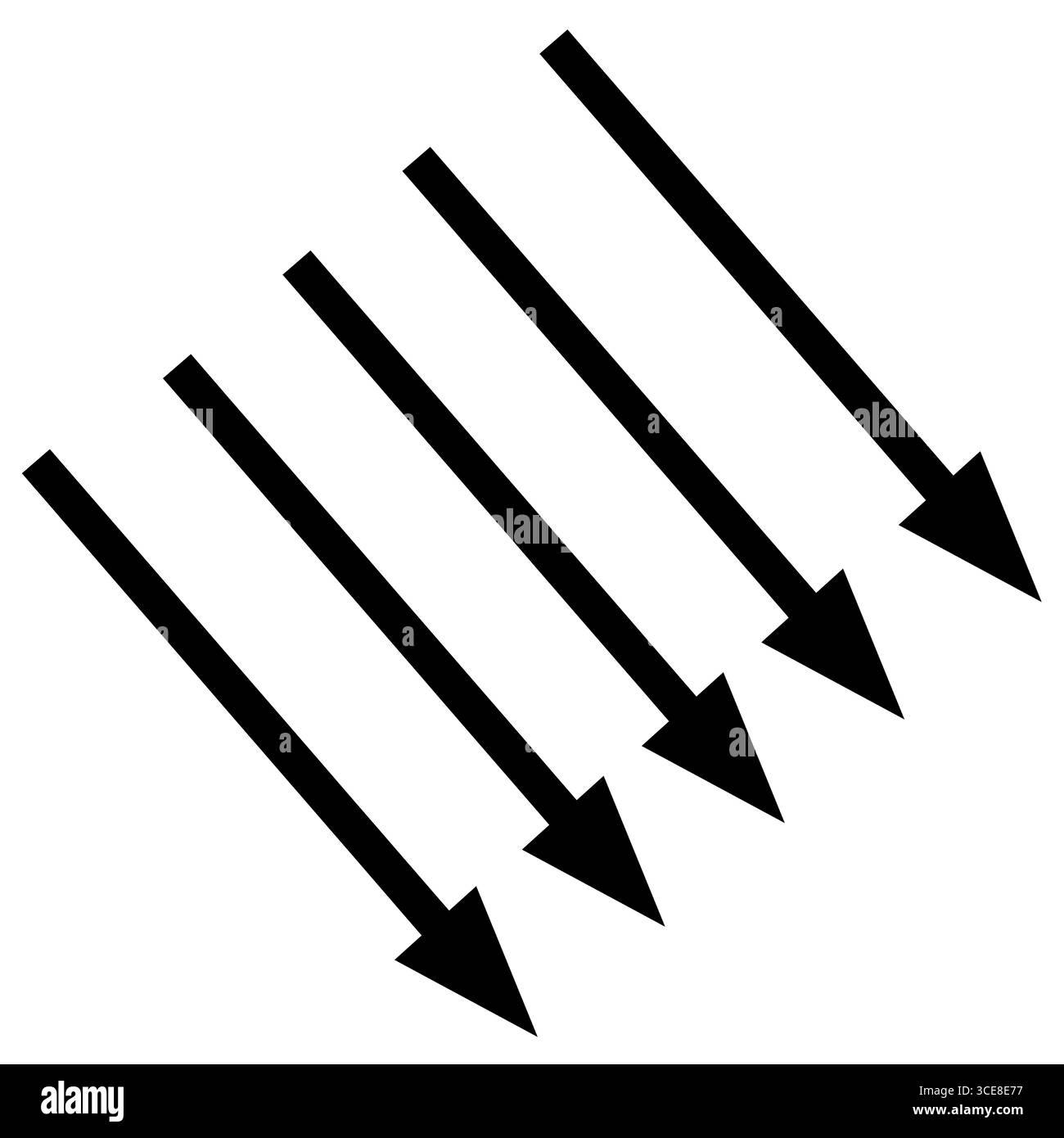 Serie di frecce nere disegnate a mano con linee semplici rivolte verso il basso. Set di icone freccia lineare. Illustrazione vettoriale, design piatto. Illustrazione isolata. Foto Stock