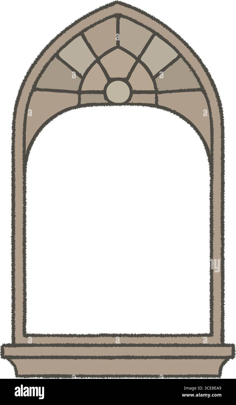 Un'alta apertura architettonica è incorniciata da pietre vestite e una chiave di volta floreale che richiama il classico design della cattedrale. Illustrazione Vettoriale