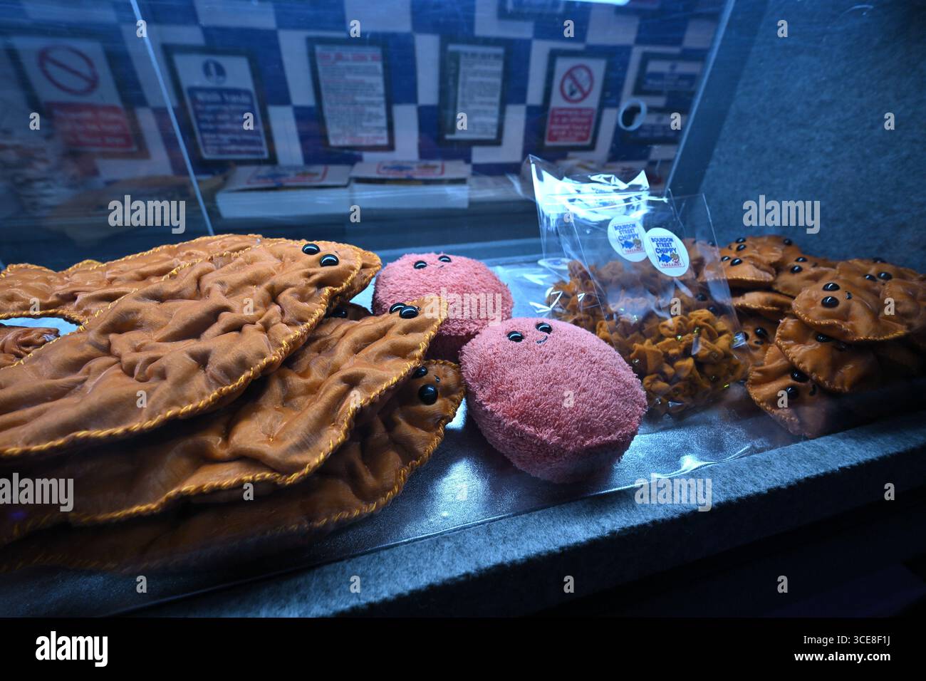Arte feltro di passera di mare, torte di pesce e rottami - la mostra d'arte Bourdon Street Chippy - Lucy Sparrow - Londra Regno Unito Foto Stock