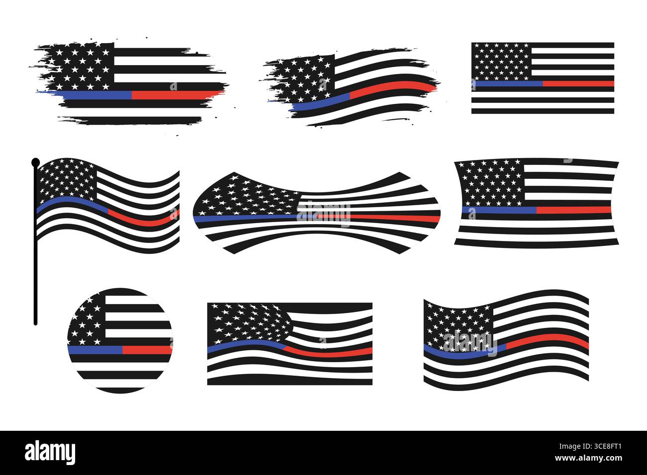 Collezione di disegni di bandiera americana Thin Blue Line e Thin Red Line. Illustrazione Vettoriale