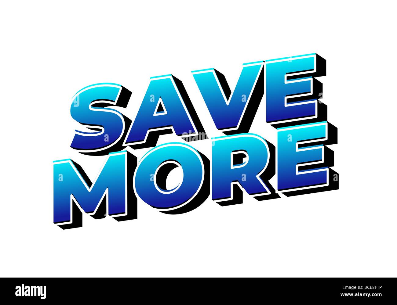 Testo in grassetto 3D che dice DI RISPARMIARE DI PIÙ in una sfumatura di sfumature blu con un contorno nero, adatto per materiali promozionali o pubblicità. Illustrazione Vettoriale