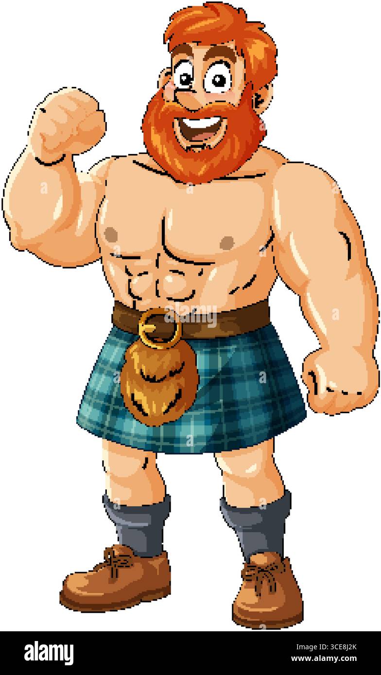 Illustrazione vettoriale di un uomo dai capelli rossi forte e sorridente che indossa un kilt blu tartan, che si flette il braccio, con contorni audaci e colori vivaci Illustrazione Vettoriale