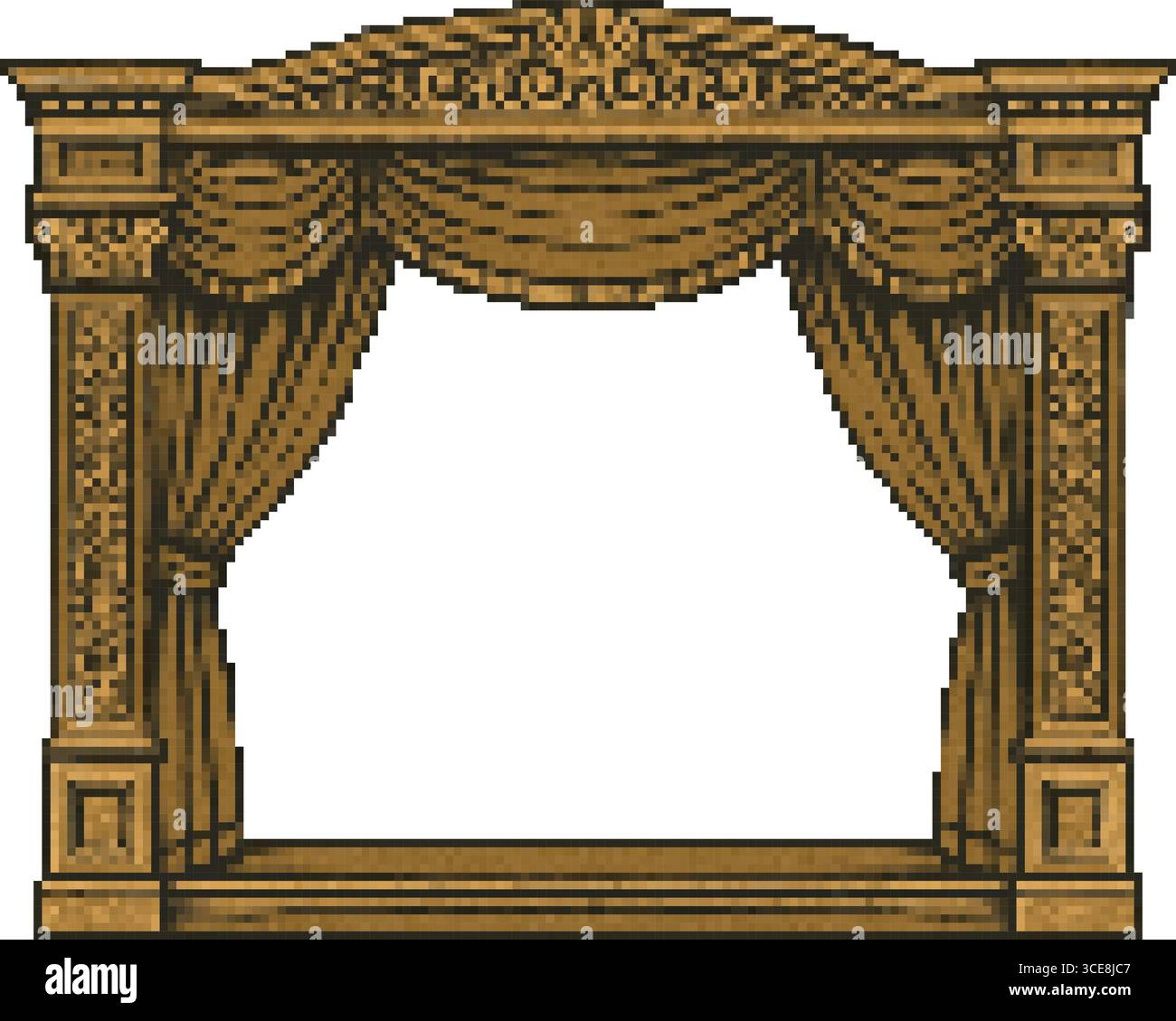 Un palcoscenico decorativo con un ricco scrollwork e un tessuto convesso incornicia un centro vuoto pronto per il testo del titolo. Illustrazione Vettoriale