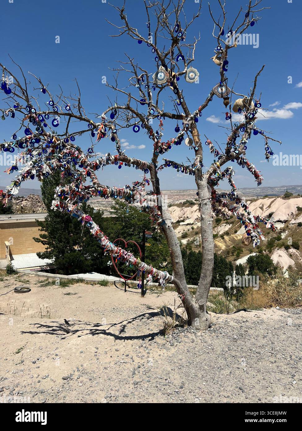 Albero dei desideri in Cappadocia, adornato con amuleti Nazar e nastri colorati, un simbolo di speranza, fortuna e protezione. Foto Stock