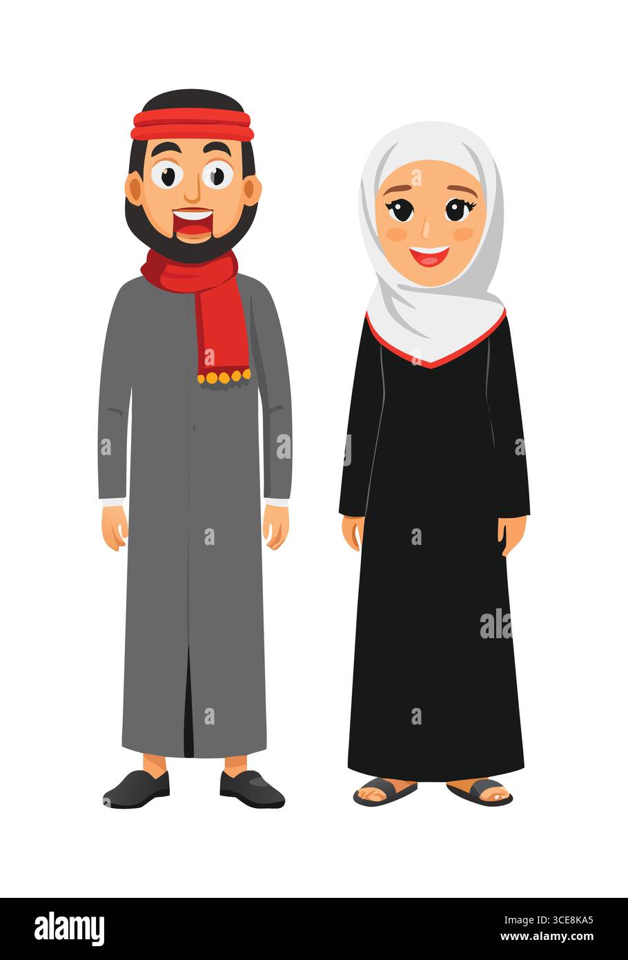 Uomo e donna in tradizionale abbigliamento mediorientale con sorrisi Illustrazione Vettoriale