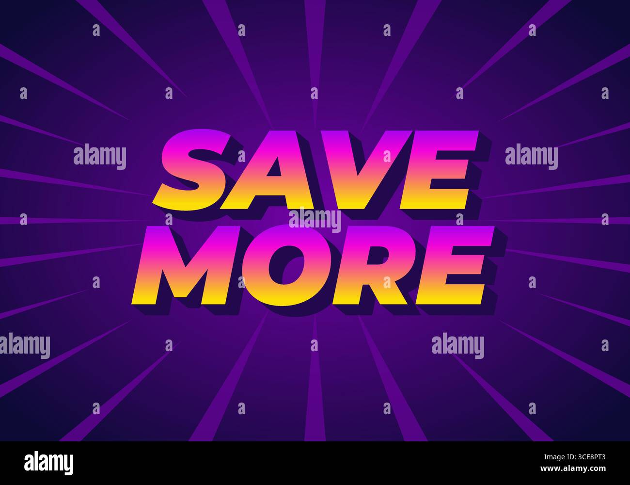Un vivace design grafico con testo in grassetto CHE CONSENTE DI RISPARMIARE DI PIÙ in una sfumatura di colore rosa e giallo, su sfondo viola con lin radiante Illustrazione Vettoriale