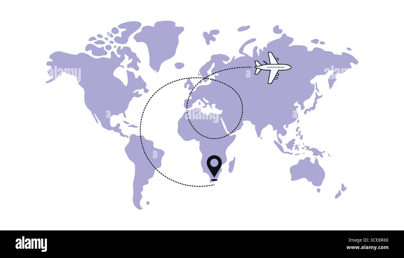 Mappa del mondo con il percorso di viaggio in aereo e il pin della posizione Illustrazione Vettoriale