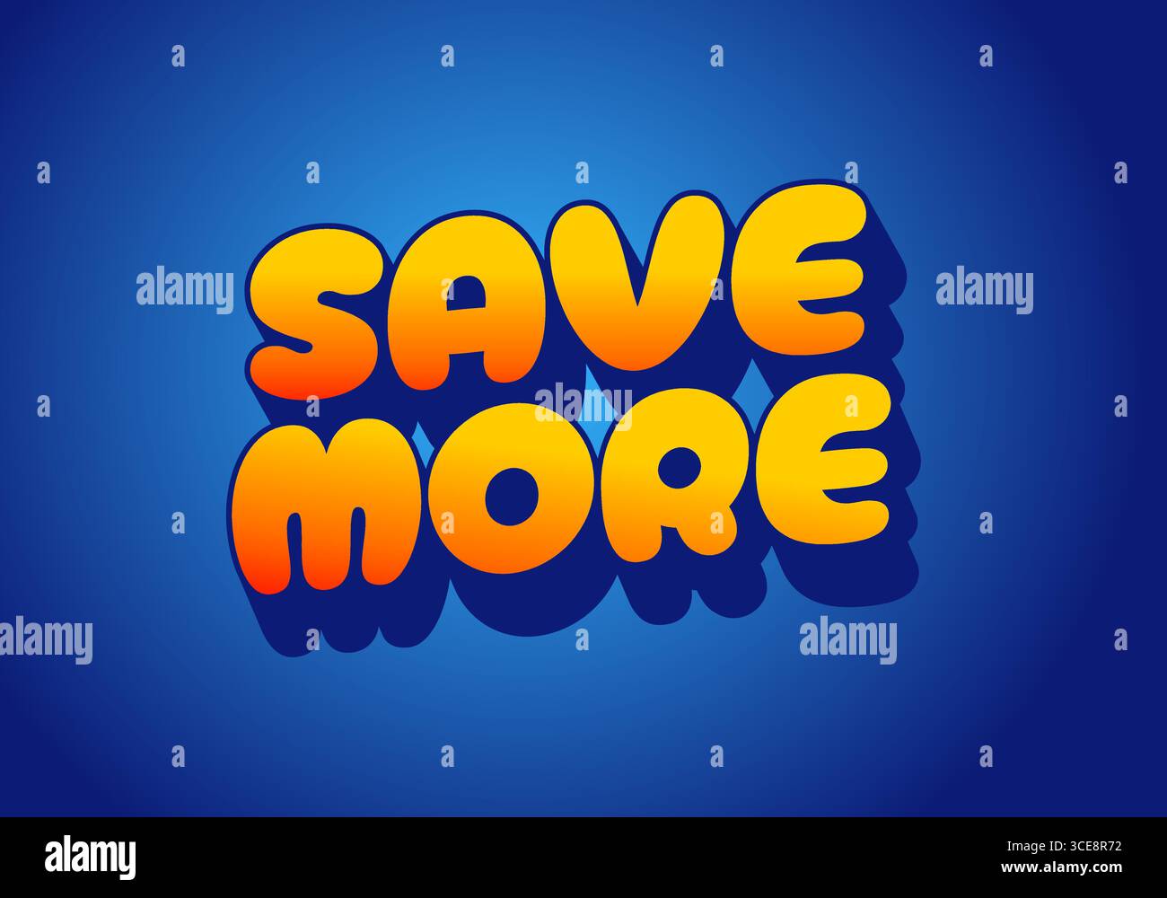 Una grafica vivace con le parole RISPARMIANO DI PIÙ in grassetto, lettere arrotondate con una sfumatura di arancione e giallo su sfondo blu. Illustrazione Vettoriale