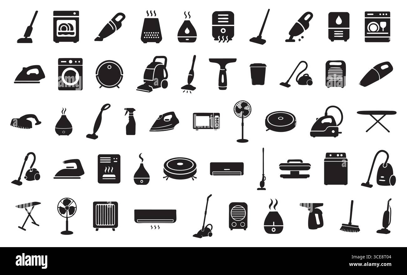 Set di icone di apparecchi domestici con silhouette nera isolate su sfondo bianco. dispositivi per la pulizia della casa, elettronica per la cucina, attrezzature per lavanderia, air tre Illustrazione Vettoriale