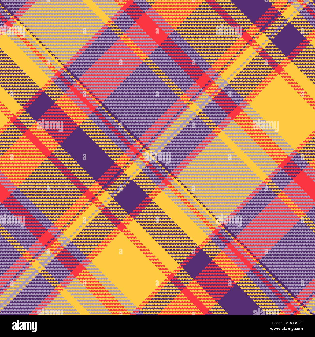 La sovrapposizione controlla il tessuto di fondo a quadri senza cuciture, con texture sagomata. Tessuto Paisley con motivo Tartan vettoriale in una tavolozza di colori ambra e viola. Illustrazione Vettoriale