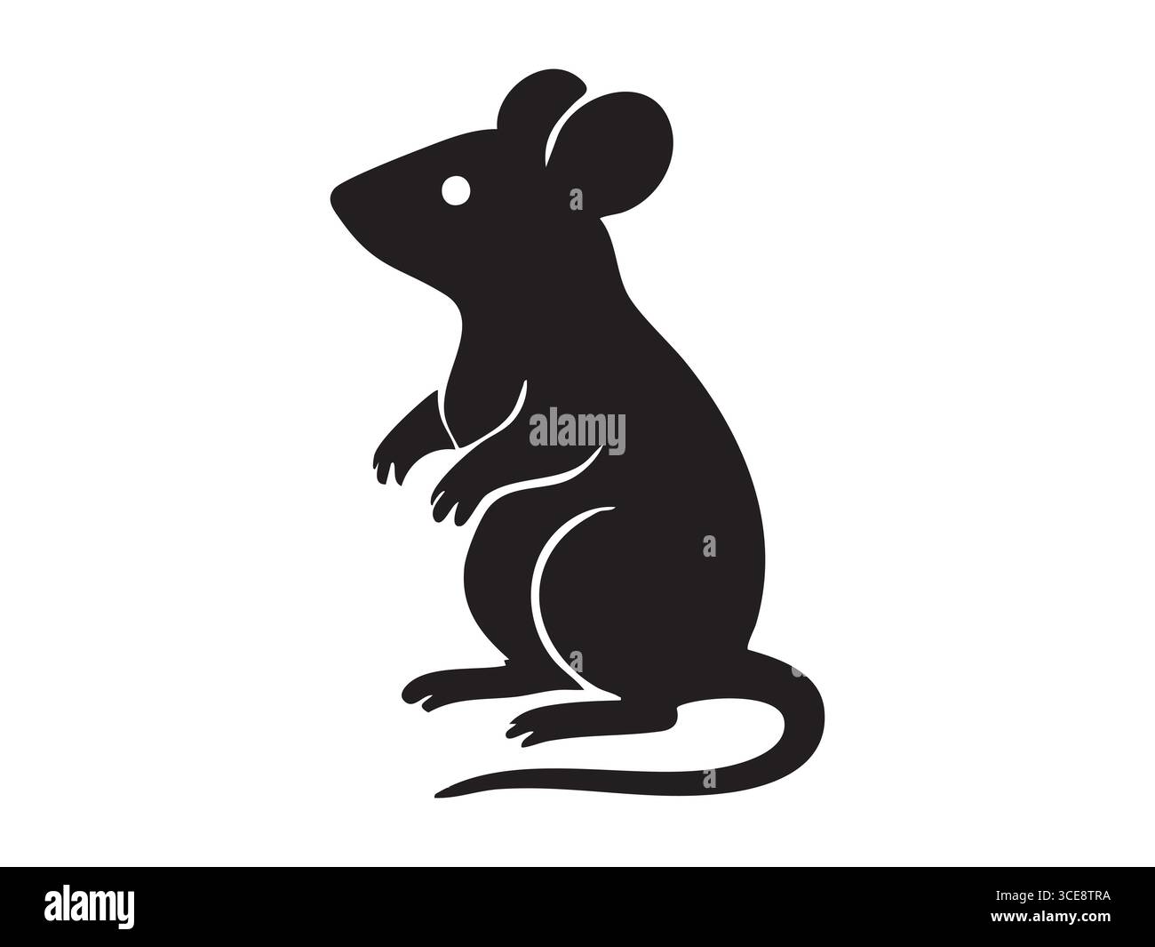 Silhouette nera del mouse in piedi sulle gambe posteriori, isolata su sfondo bianco. concetto di roditore piccolo, icona, logo, animale carino, fauna selvatica, design elettrico Illustrazione Vettoriale