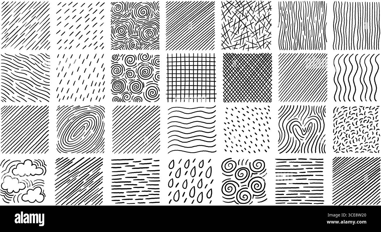 Set completo di trame trasversali disegnate a mano con elementi diversi come vortici, punti, linee e gocce. Piastrelle quadrate bianche e nere. Stock Illustrazione Vettoriale
