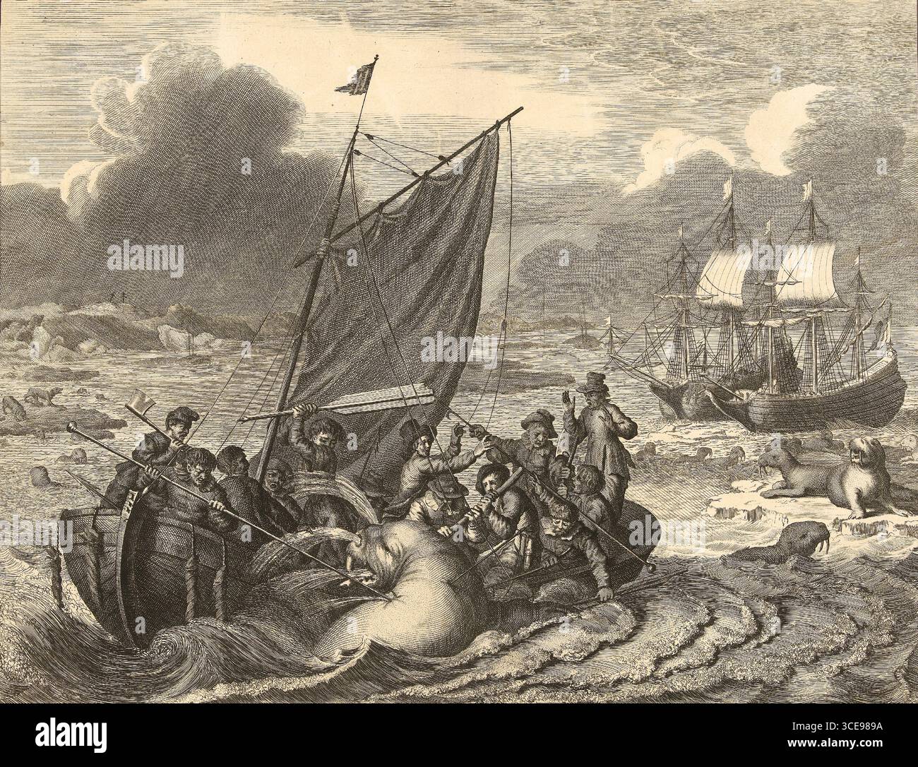 Il viaggio verso Novaya Zemlya (nuova Zelanda) nel 1596. L'equipaggio della nave in uno sloop che combatte un tricheco, con le due navi sullo sfondo di Jan Luyken 1679 - 1681 Foto Stock