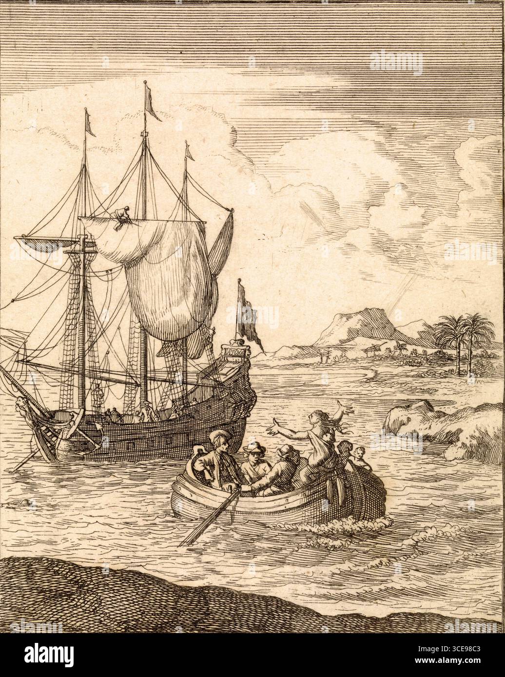 Europei in Messico Row una donna mulatta catturata e i suoi figli a riva. Caspar Luyken nel 1698 Foto Stock