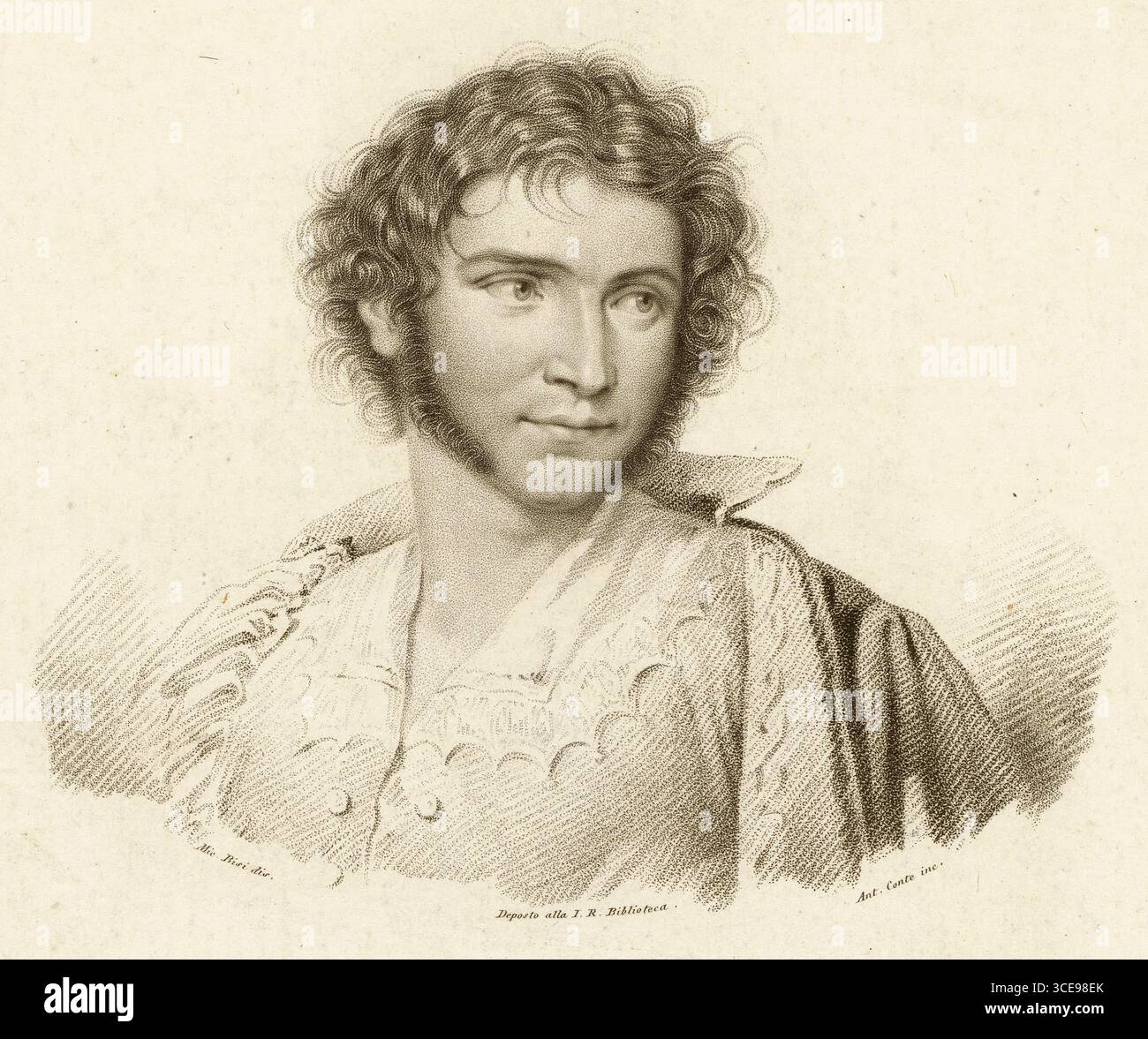 Ritratto di Tommaso Sgricci di Antonio Conte - Tommaso Sgricci (1789–1836) è stato un poeta e attore teatrale italiano, rinomato per la sua straordinaria abilità nell'improvvisazione poetica. Nato a Castiglion Fiorentino, si laureò in giurisprudenza ma abbandonò la sua carriera legale per dedicarsi interamente all'arte. Fu uno degli ultimi grandi esponenti della poesia estemporanea toscana, capace di comporre ed eseguire tragedie in versi su temi suggeriti dal pubblico, spesso in tempo reale. La sua fama si diffuse in tutta Italia e anche all'estero, grazie alla sua presenza sul palco, alla rapida consegna e al talento istrionico. Foto Stock