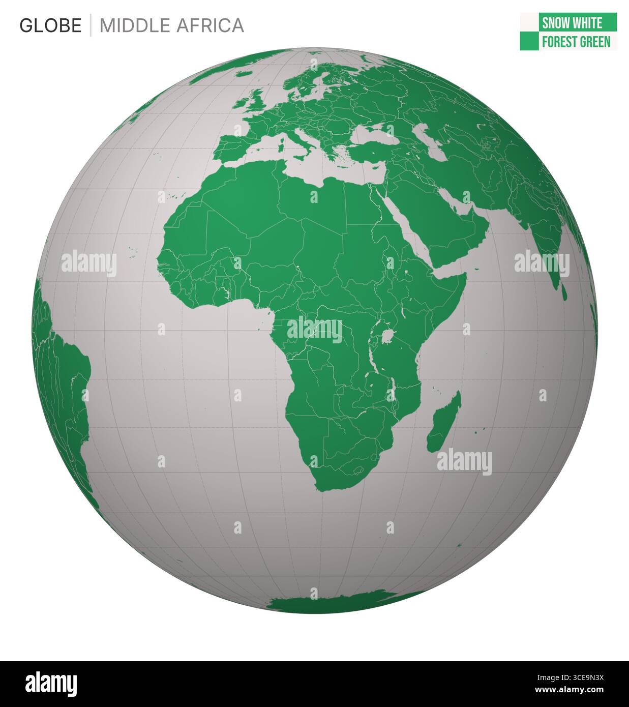 Vector Globe centrato sul Medio Africa. Tavolozza Biancaneve Forest Green. Mappa del mondo con meridiani, paralleli, paesi, fiumi e laghi. Illustrazione Vettoriale