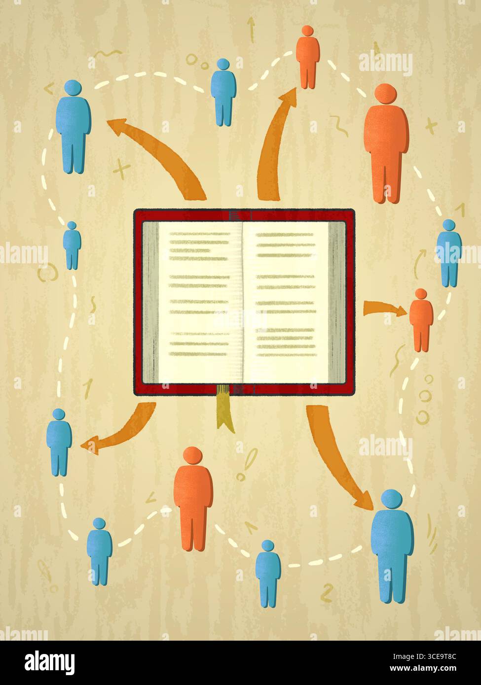 Gruppo di persone diverse che condividono conoscenze. Illustrazione digitale. Foto Stock