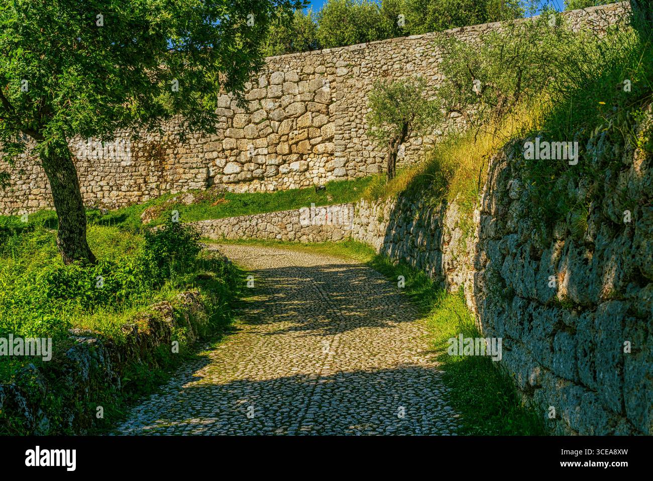 Le mura poligonali pre-romane si fondono con le mura medievali dell'acropoli di Arpino, oggi Civitavecchia. Arpino, provincia di Frosinone, Lazio, Italia Foto Stock