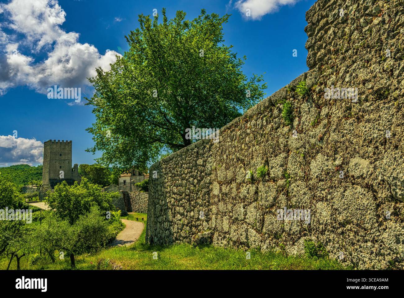 Le mura poligonali pre-romane si fondono con le mura medievali dell'acropoli di Arpino, oggi Civitavecchia. Arpino, provincia di Frosinone, Lazio, Italia Foto Stock