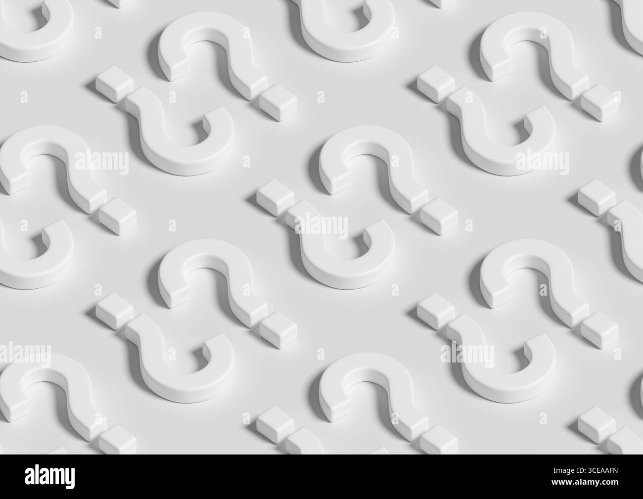 Sequenza di punti interrogativi bianchi isometrici senza interruzioni. Illustrazione 3D. Foto Stock