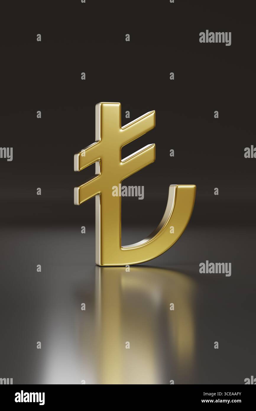Simbolo della lira turca dorata isolato su sfondo scuro. Illustrazione 3D. Foto Stock