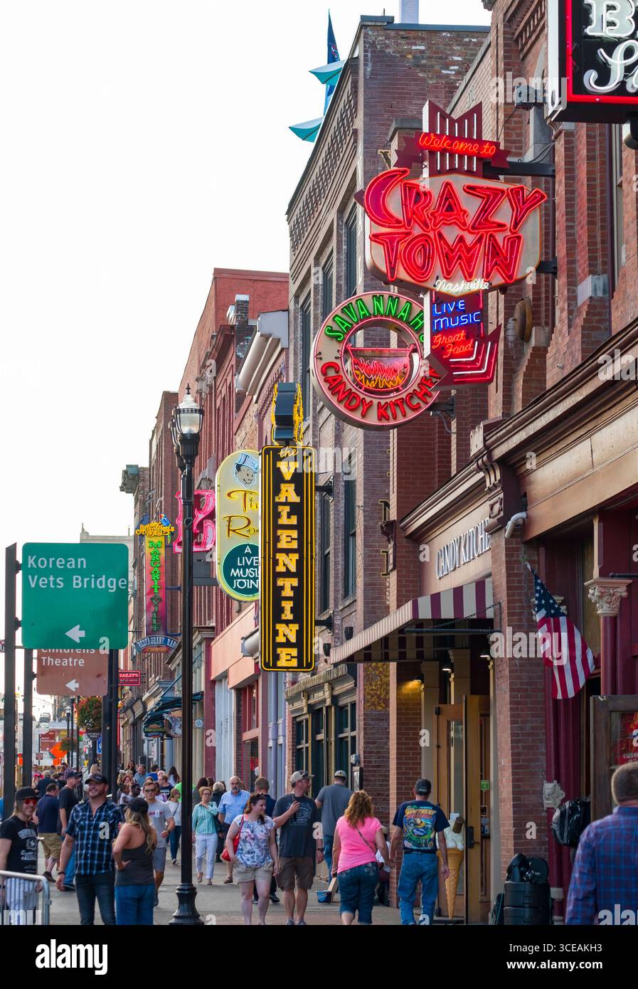 Lower Broadway rinomato quartiere di intrattenimento con molti bar, ristoranti e locali di intrattenimento di musica dal vivo, Nashville, Davidson County, Tennes Foto Stock