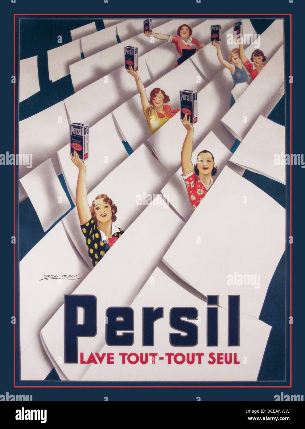 Poster pubblicitario vintage anni '1930 per il detergente Persil, intitolato "Persil: Lave Tout - Tout Seul" (Persil: Lava tutto - tutto da solo). È stato creato dal famoso artista italiano Achille Luciano Mauzan, 1935. Il poster presenta diverse donne sorridenti che tengono in mano scatole di Persil, circondate da fogli bianchi che trasmettono un senso di facilità ed efficacia nel bucato. Questo lavoro risale al periodo post-Buenos Aires di Mauzan, dopo il suo ritorno in Francia. Foto Stock