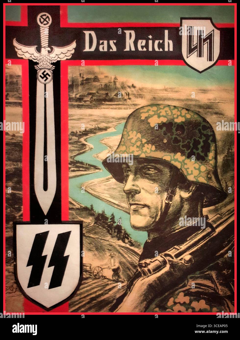 DAS REICH POSTER SS Panzer Division Das Reich (tedesco: 2. SS-PanzerDivision "Das Reich") era una brutale divisione d'élite delle Waffen-SS della Germania nazista durante la seconda guerra mondiale, formata da reggimenti di SS-VT. La divisione servì durante l'invasione della Francia e prese parte a diverse battaglie sul fronte orientale, tra cui la battaglia di Prokhorovka contro la V Armata dei carri armati della Guardia nella battaglia di Kursk.anche famigerata per crimini di guerra (ad esempio, il massacro di Oradour-sur-Glane in Francia, 1944). Foto Stock