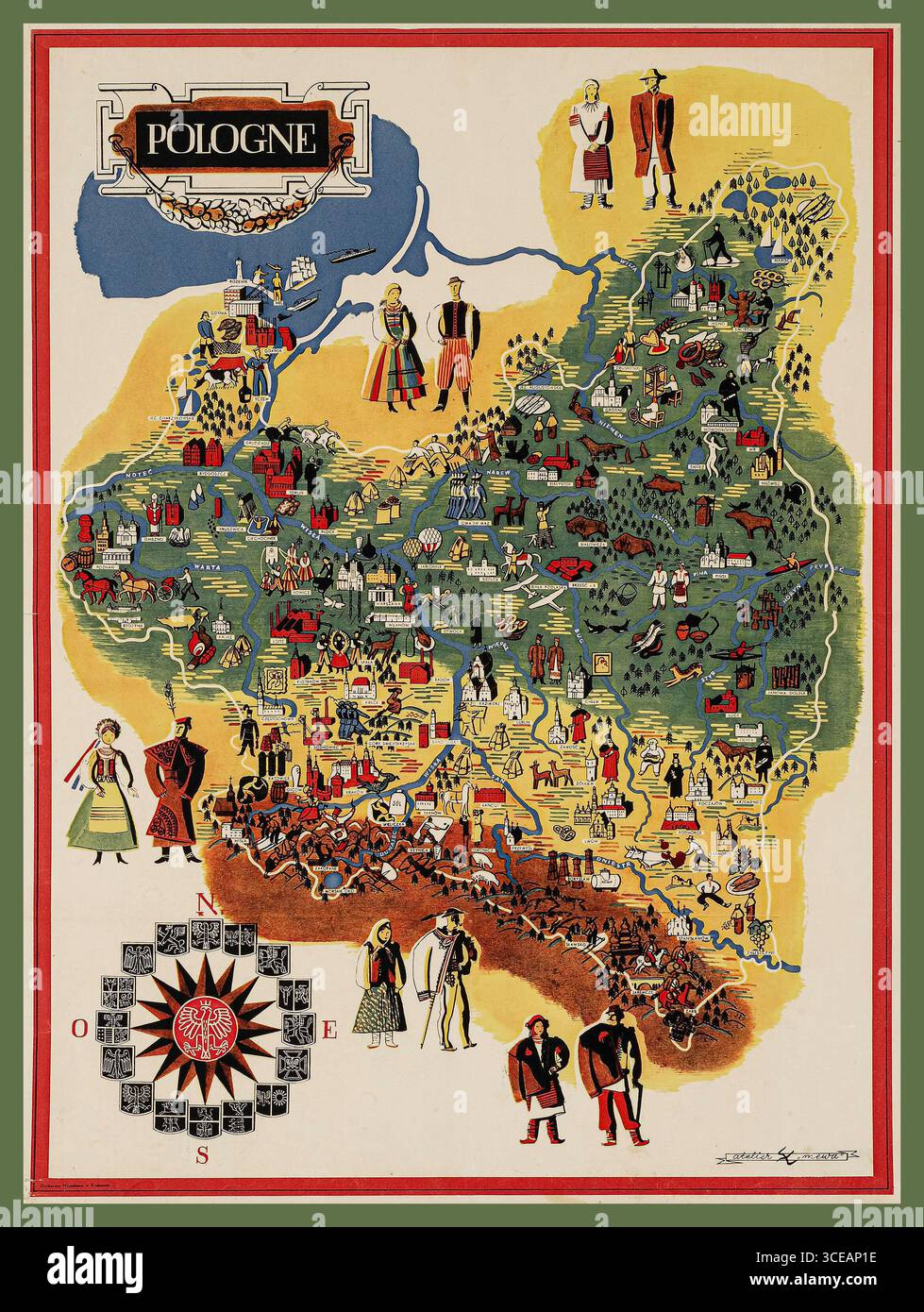 VINTAGE POLAND MAPPA ART Mappa ARTISTICA della seconda Repubblica polacca, Polonia, 1935. Creato da Jadwiga Salomea Hładki-Wajwód (1904–1944), Edward Manteuffel (1908–1940) e Antoni Wajwód (1905–1944). Questa mappa decorativa evidenzia la geografia, la cultura e le caratteristiche notevoli della Polonia interbellica attraverso uno stile artistico visivamente coinvolgente." Foto Stock