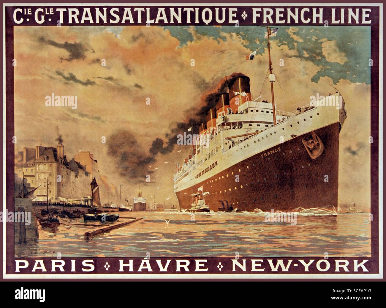 Poster vintage Cie GLE. Transatlantique, French Line, Parigi – le Havre – New York, 1914. Illustrato da Albert Sébille (1874-1953). Poster di viaggio marittimo francese d'epoca che promuove il trasporto marittimo e il turismo oceanico, pubblicato a Parigi da Champenois." Poster di viaggio vintage della linea francese del 1914 di Albert Sébille che promuove viaggi di lusso da Parigi e le Havre a New York. Iconica opera d'arte del turismo marittimo." Era WW1 Foto Stock