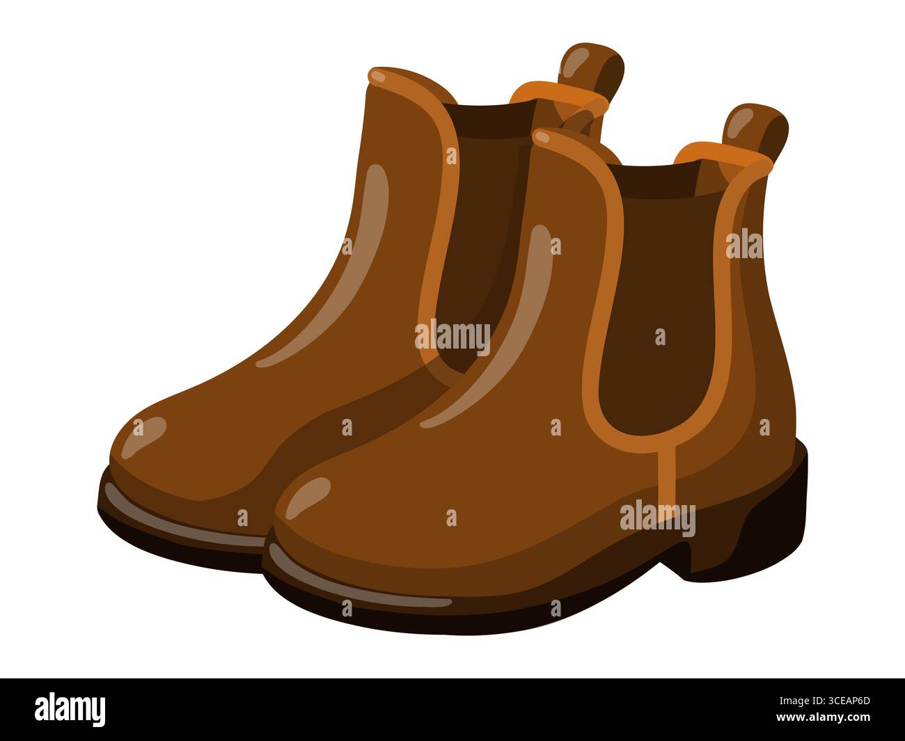 Stivali Chelsea in pelle marrone con lati elastici. Calzature autunnali. Illustrazione isolata del vettore cartoni animati su sfondo bianco. Illustrazione Vettoriale
