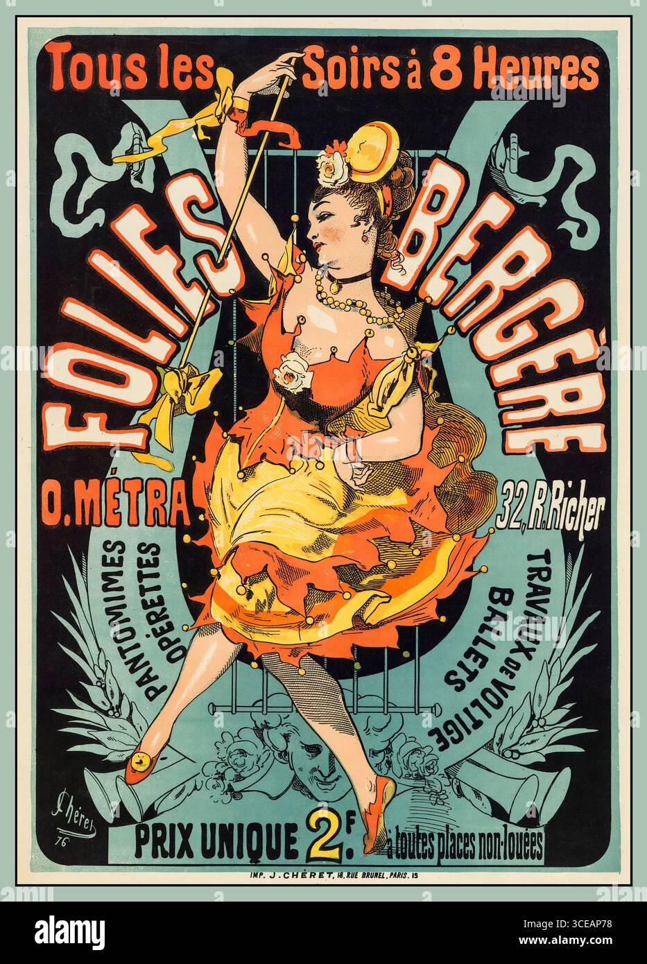 Folies-Bergère poster, 1876 – Jules Chéret litografia per pantomime, operette e acrobazie, Paris Cabaret Theatre France Chéret, Jules (1836-1932). Illustrator ... Folies-Bergère. O. metra, 32 rue Richer : pantomimes opérettes travaux de voltige... : [Affiche] / Chéret 76 iCabarets Théâtre des Folies-Bergère (Parigi) Musique cafés-concerti Référence bibliographique : Broido, 86 Affiche Éditeur : [s.n.] Imp. J. Chéret 18, R. Brunel (Parigi) Data 1876 Foto Stock