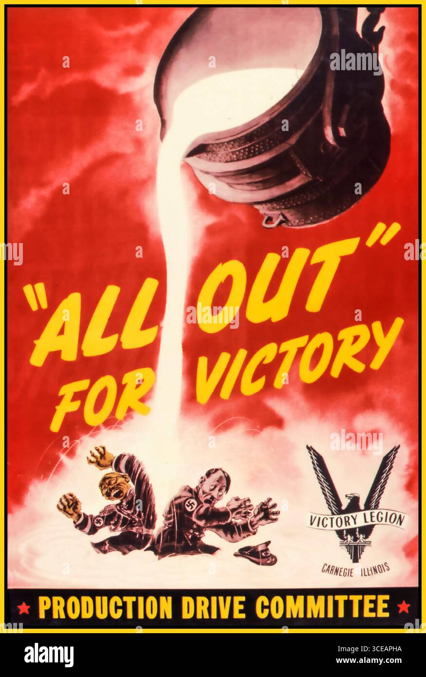 TUTTO PRONTO PER LA VITTORIA "WW2 USA Propaganda poster con Adolf Hitler e Hideki Tojo "tutto fuori per la vittoria". Ha esortato i civili e i lavoratori industriali americani a massimizzare la produzione bellica, conservare le risorse e sostenere lo sforzo bellico nazionale contro le potenze dell'asse”. Data del comitato di guida della produzione tra il 1942 circa e il 1943 circa Ufficio per la gestione delle emergenze. War Production Board. (01/1942 - 11/03/1945) Foto Stock