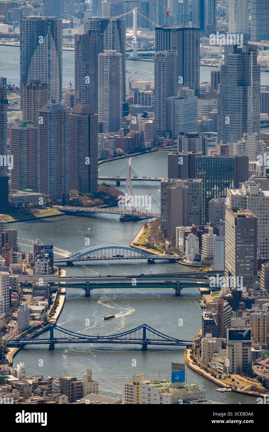 Vista aerea guardando verso sud-ovest lungo il fiume Sumida verso Okawabata River City 21 e della baia di Tokyo visto dal Tokyo Skytree, Sumida, Tokyo, Honshu, Foto Stock
